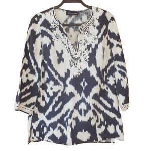 Jones New York Linen Tunic Embroidered 3/4 Sleeve Ikat Sz M White Blue boho